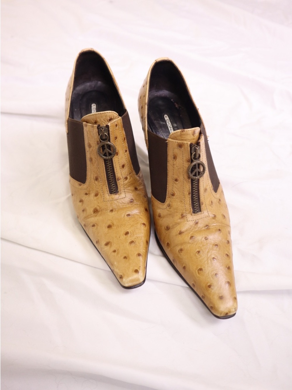 Donald J. Pliner Tan Ostrich-Textured Pointed Mules with Front Zip